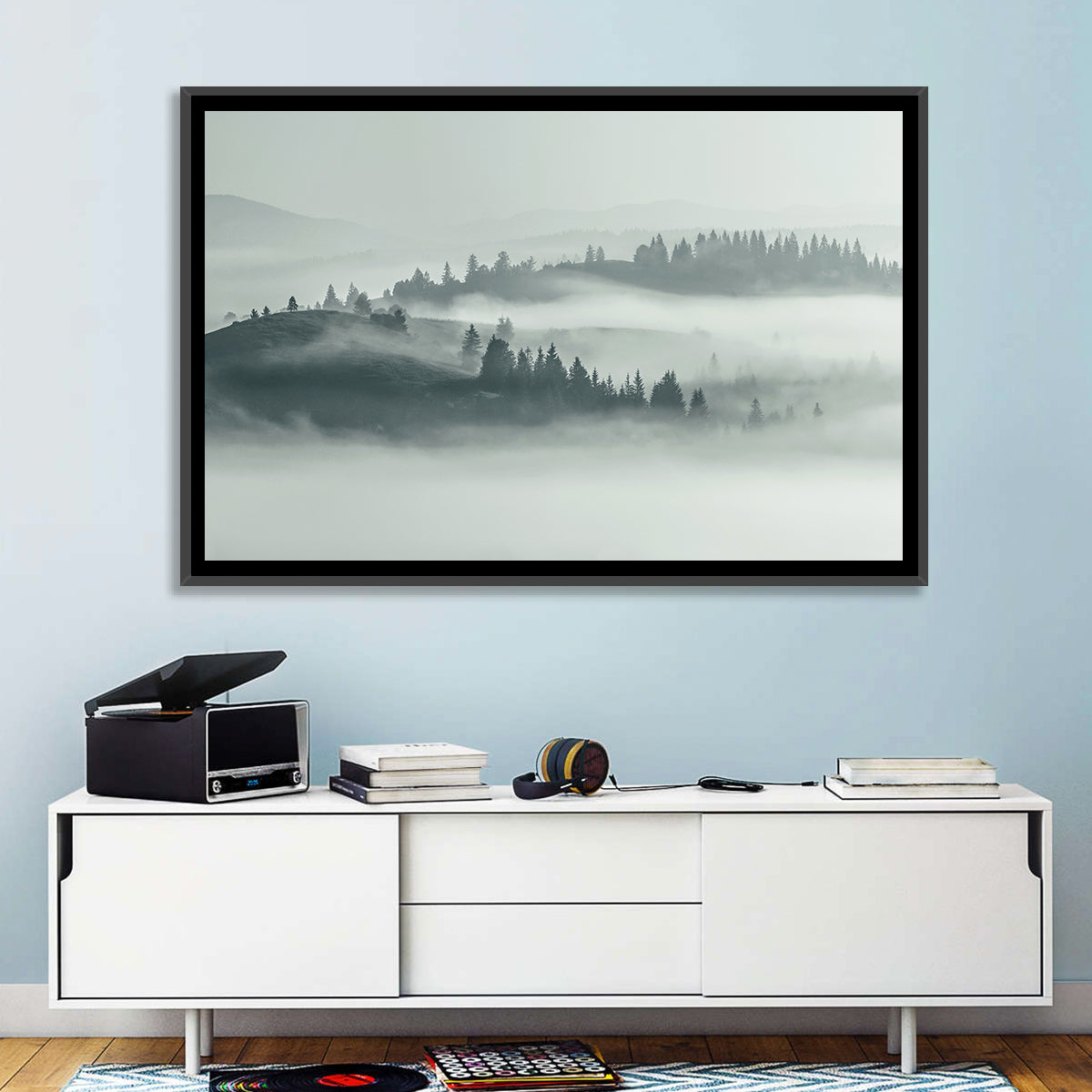 Carpathian Morning Mist Wall Art in a room, landscape