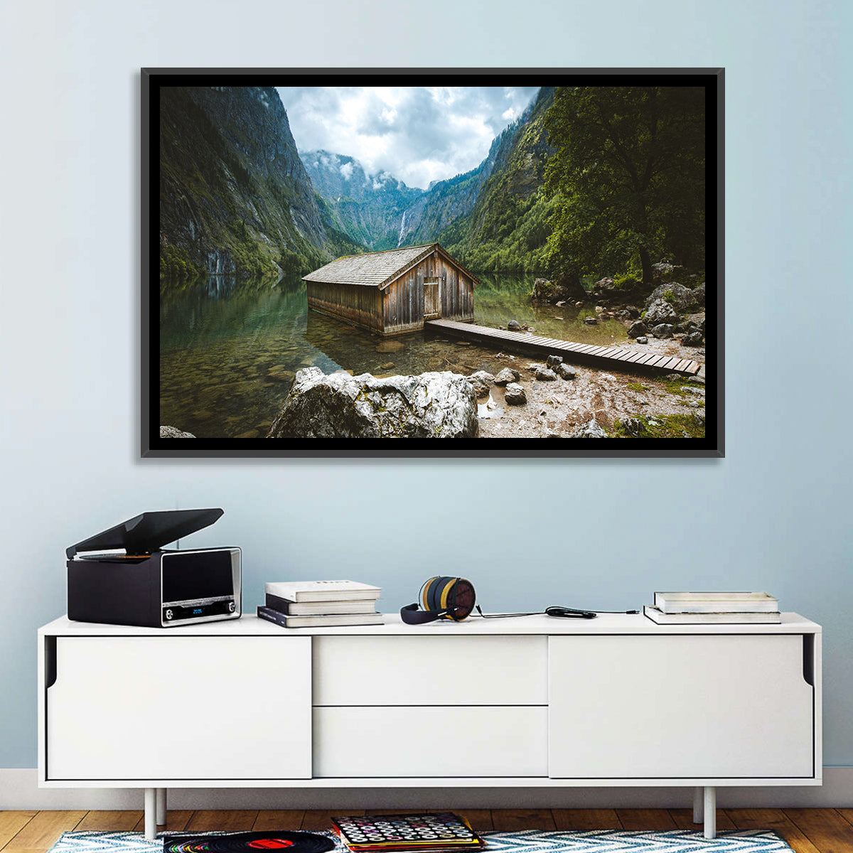 Cabin on Lake Obersee Wall Art in a room, landscape