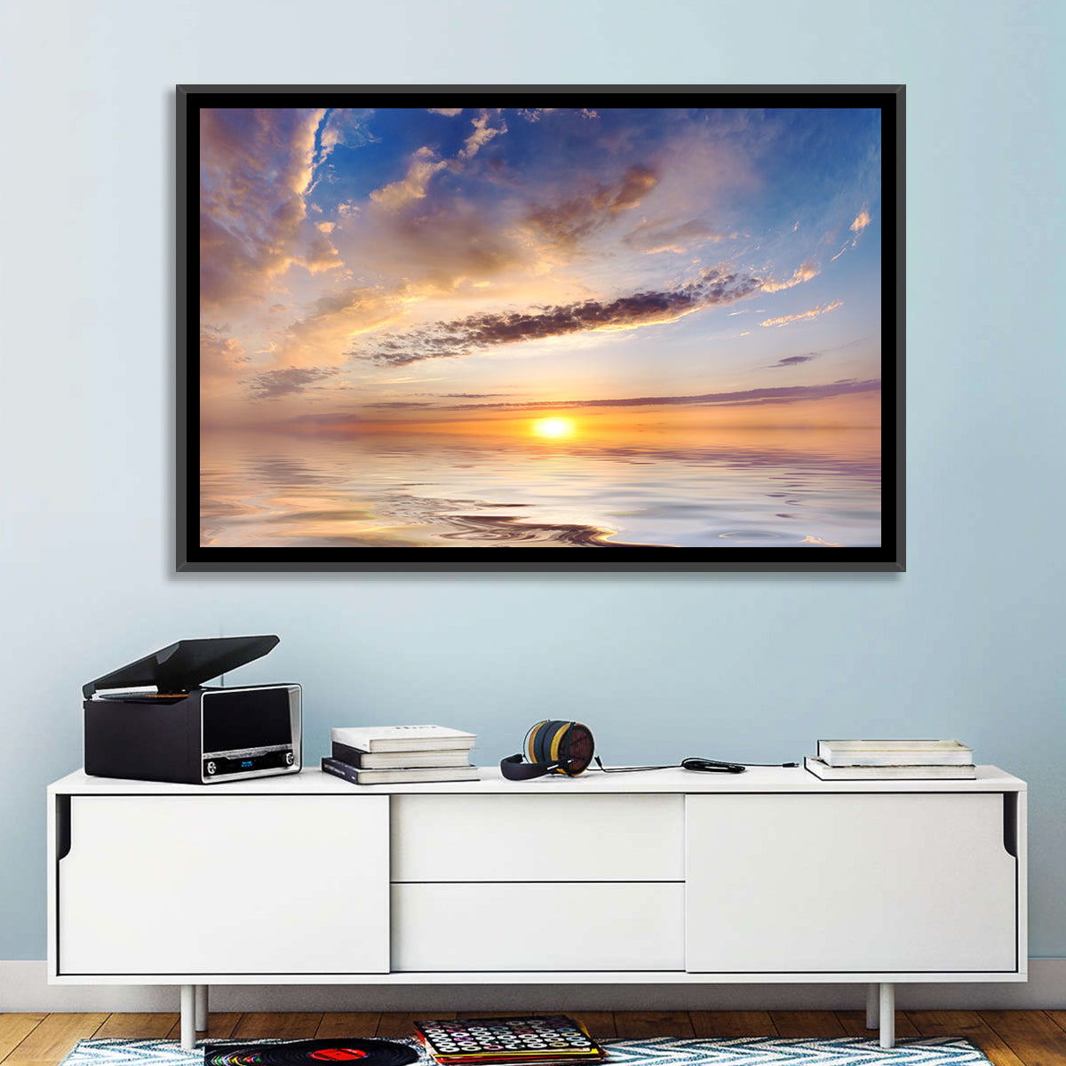 Sunlit Clouds Over Calm Sea Wall Art in a room, landscape