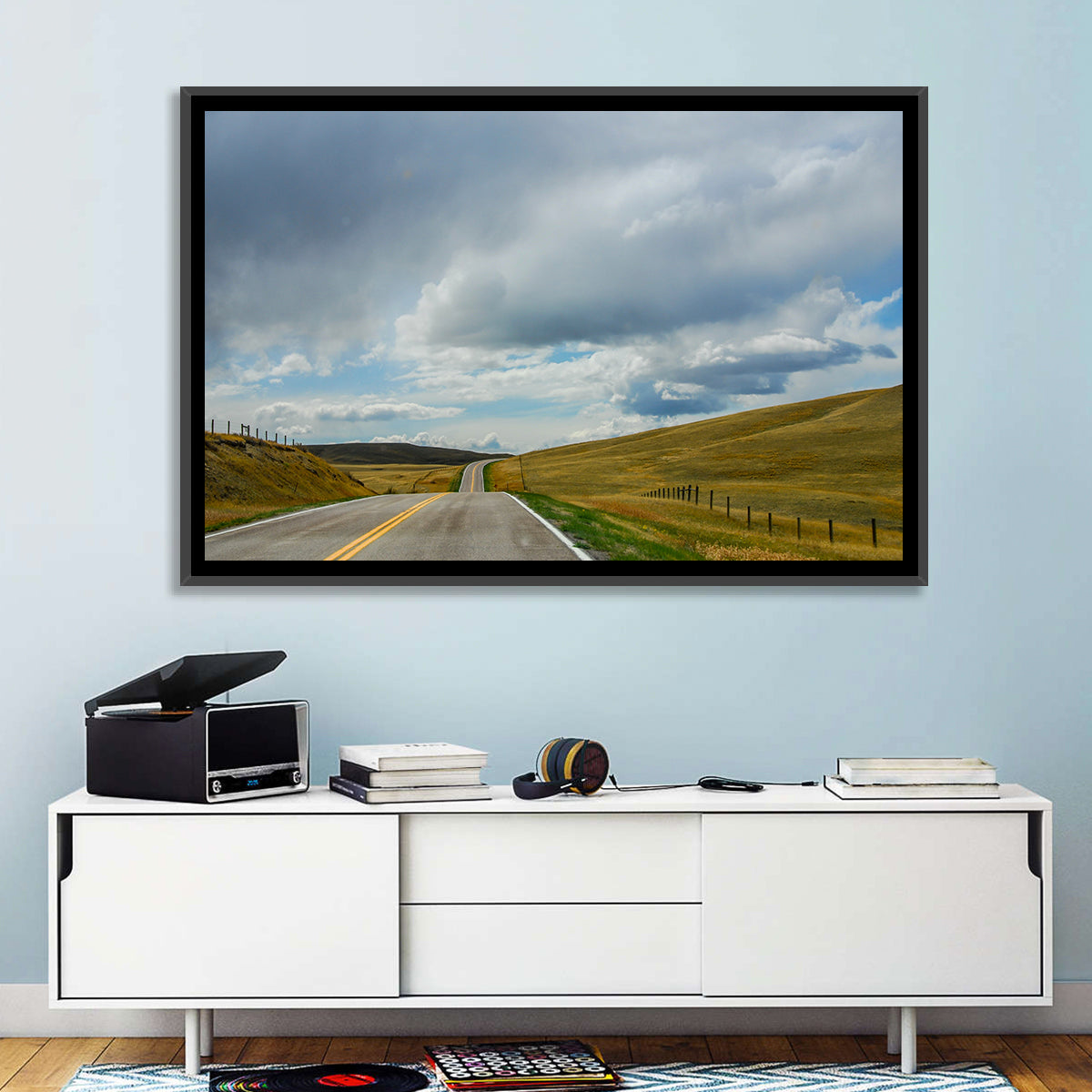 Montana Road Through Golden Hills Wall Art in a room, landscape