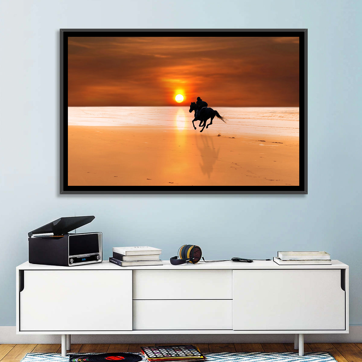 Horse and Rider at Sunset Wall Art in a room, landscape