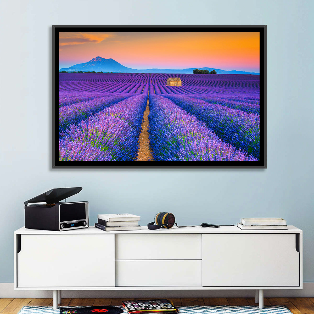 Valensole Lavender Fields at Sunset Wall Art in a room, landscape