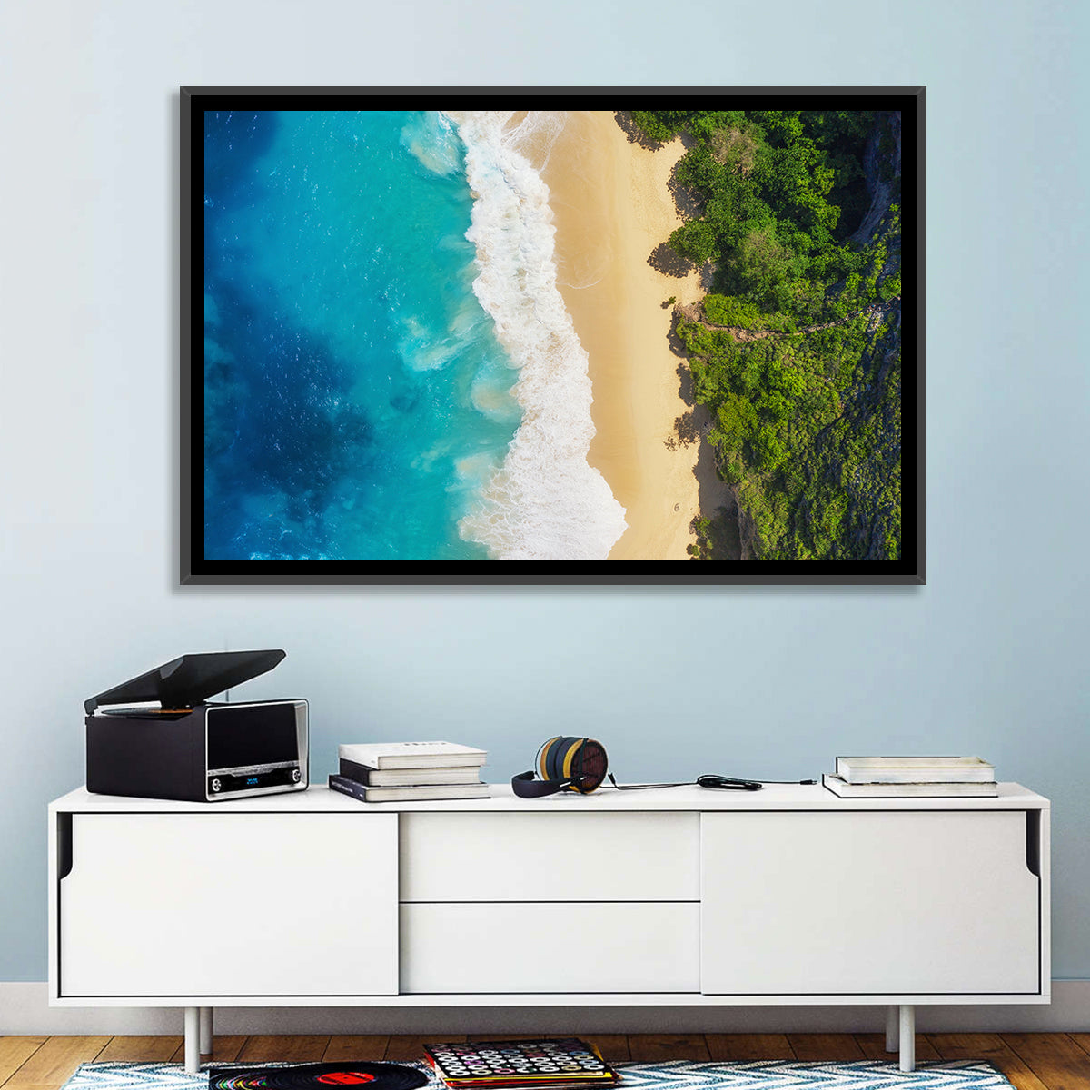 Aerial Turquoise Beach View Wall Art in a room, landscape