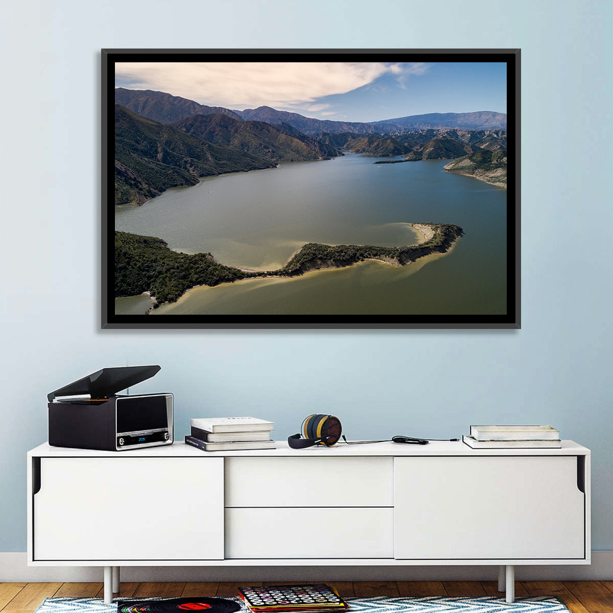 Pyramid Lake Aerial View Wall Art in a room, landscape
