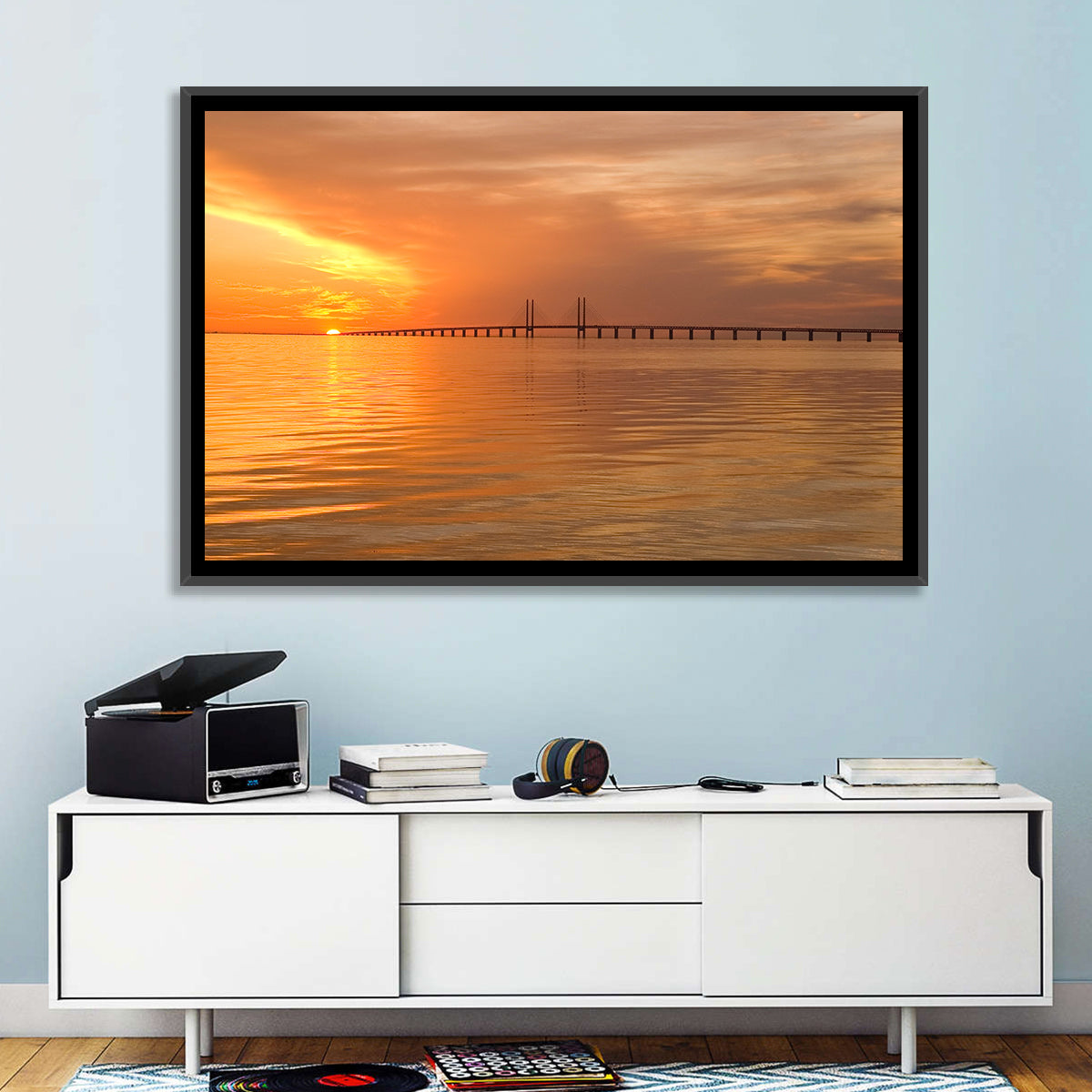 Øresund Bridge in Golden Light Wall Art in a room, landscape