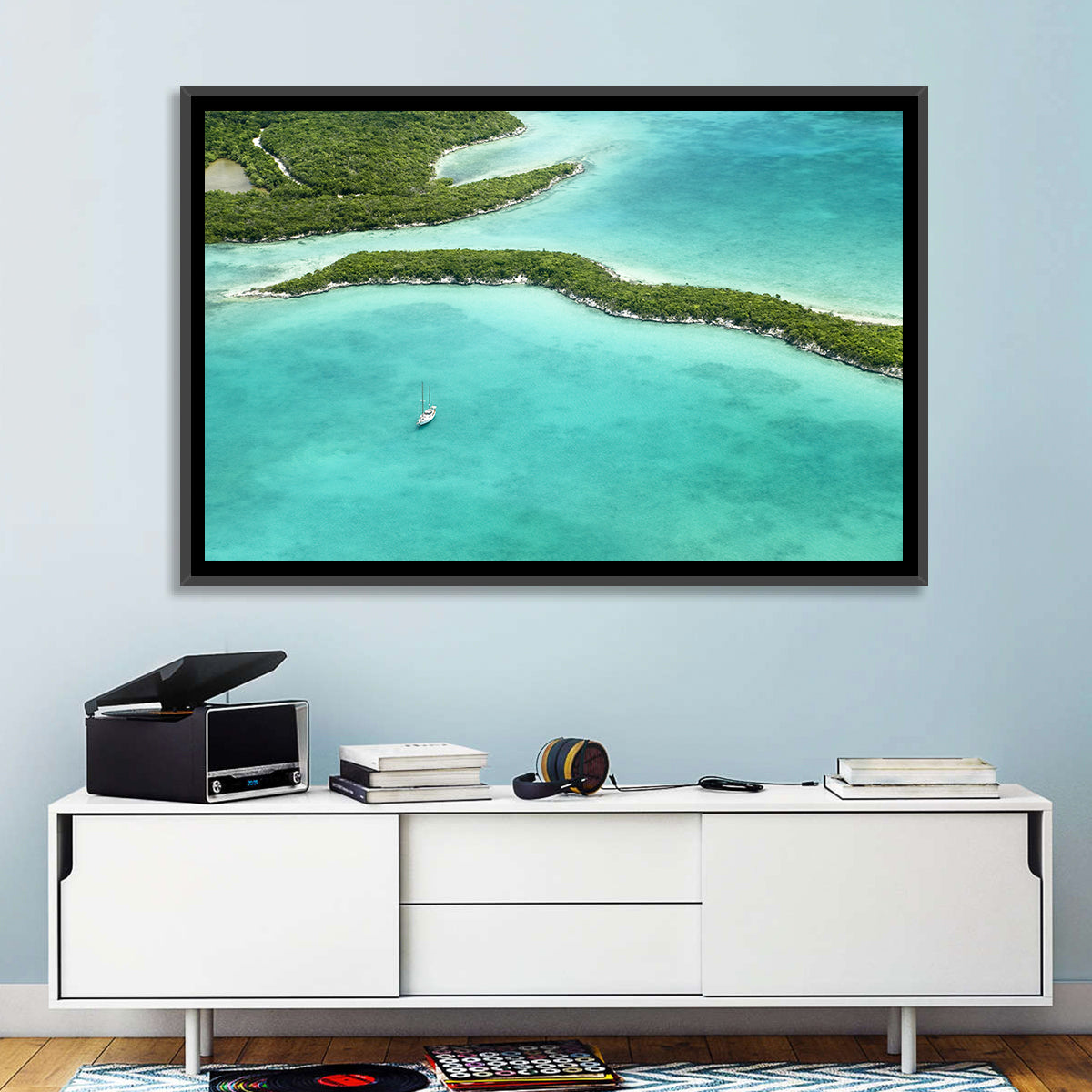 Turquoise Bahamas Islands Wall Art in a room, landscape