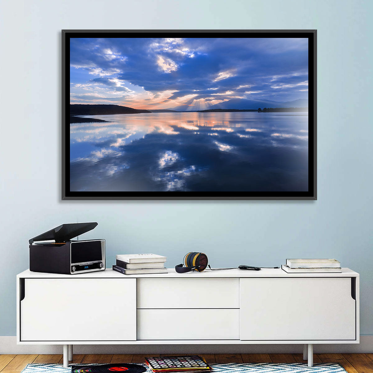 Cloudy Summer Lake Wall Art in a room, landscape