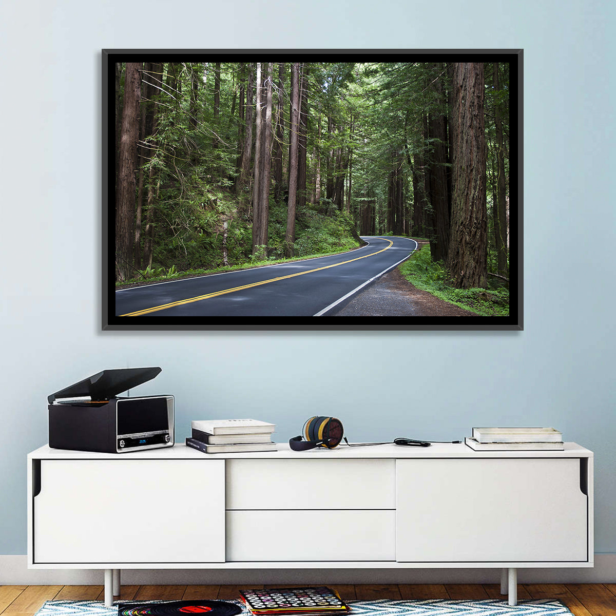 Winding Redwood Forest Road Wall Art in a room, landscape