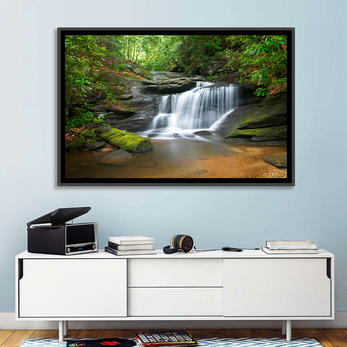 Blue Ridge Mossy Waterfall Wall Art in a room, landscape
