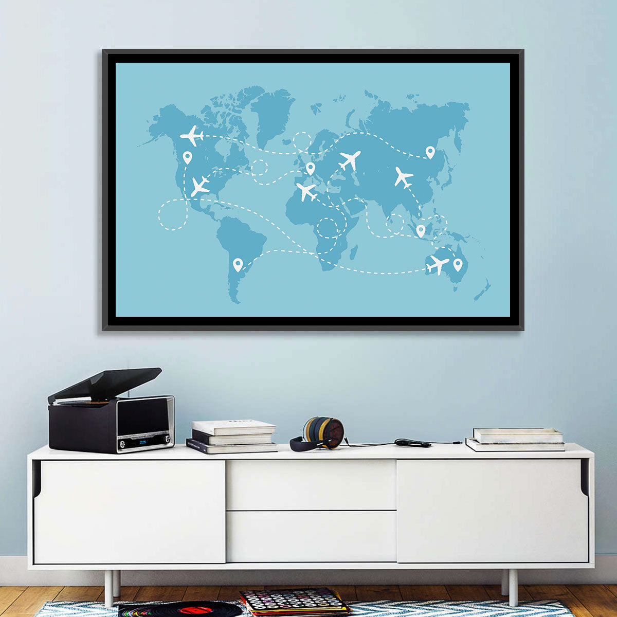 World Flight Routes Map Wall Art in a room, landscape
