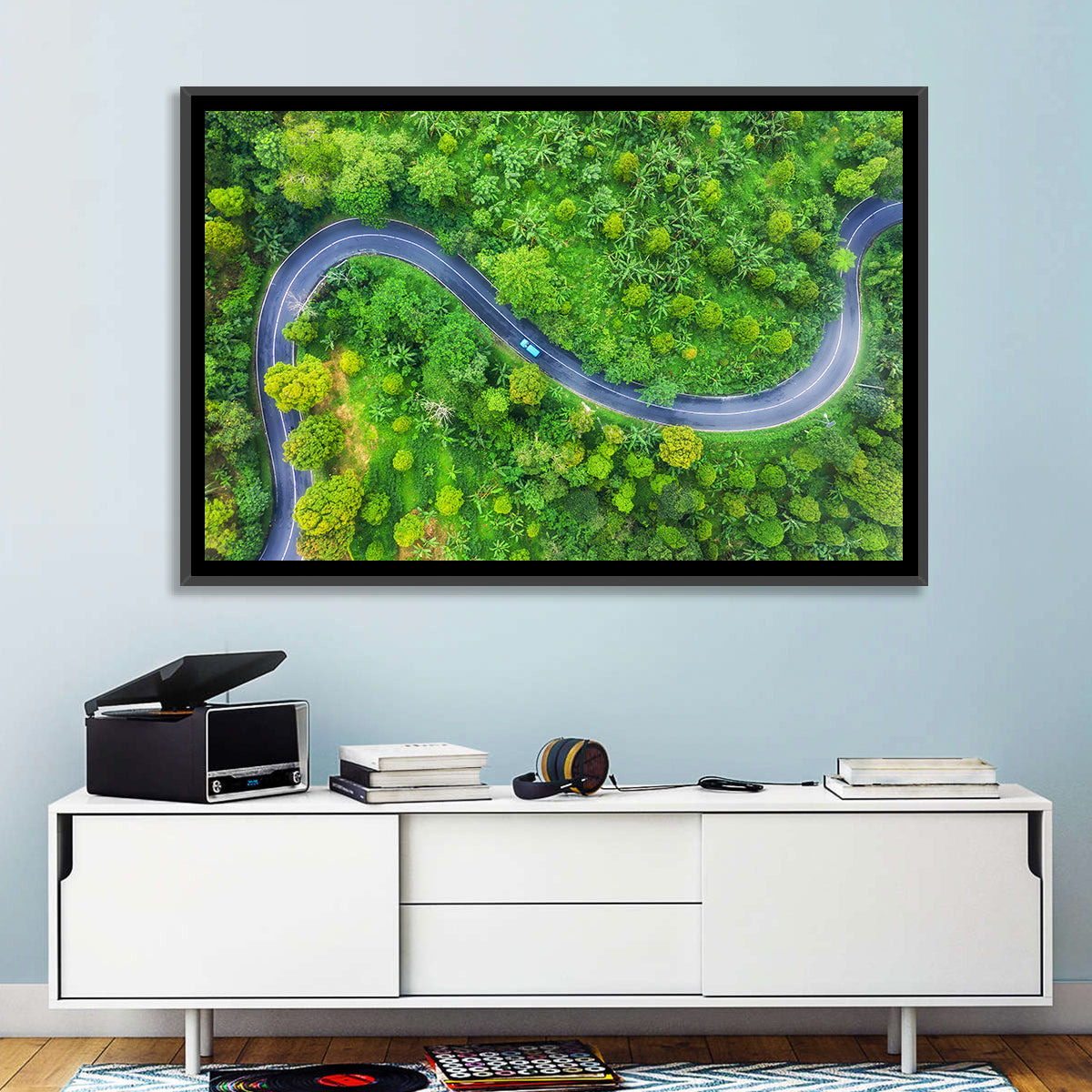 Blue Car on Summer Forest Road Wall Art in a room, landscape
