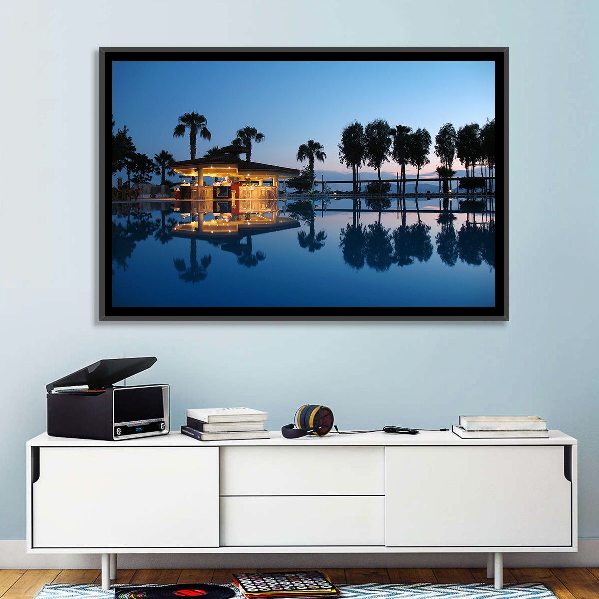Twilight Poolside Bar Wall Art in a room, landscape