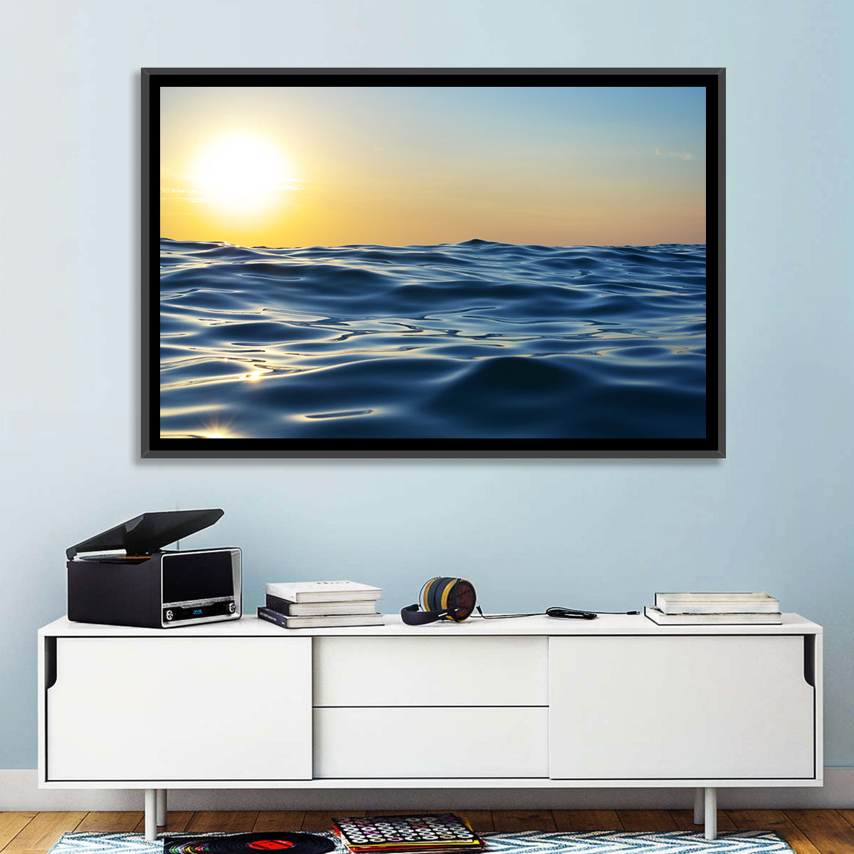 Sunset Over Calm Waves Wall Art in a room, landscape