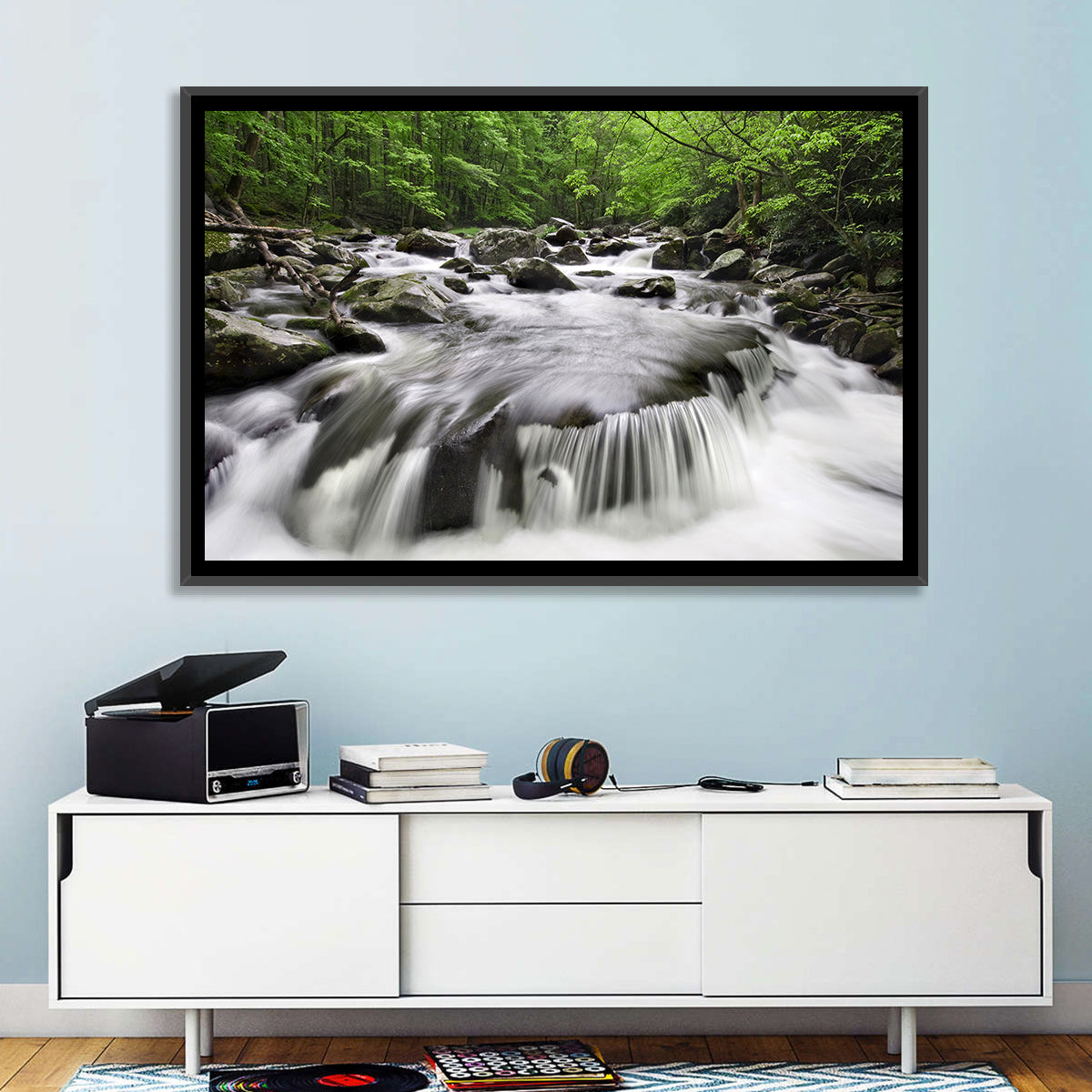 Smoky Mountains Cascading Stream Wall Art in a room, landscape