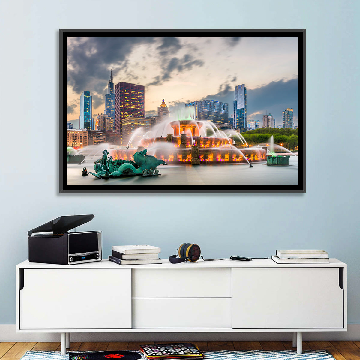 Buckingham Fountain and Chicago Skyline Wall Art in a room, landscape