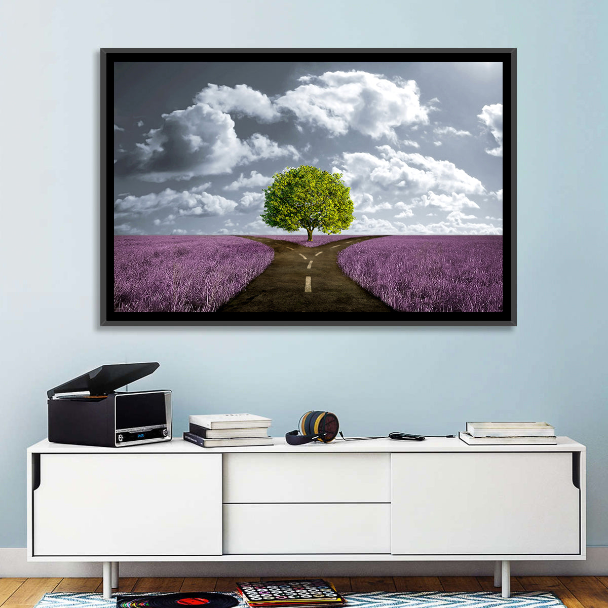 Lavender Field Crossroads with Lone Tree Wall Art in a room, landscape