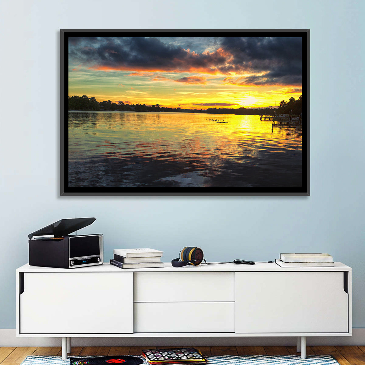 Lake Marion Sunset Wall Art in a room, landscape