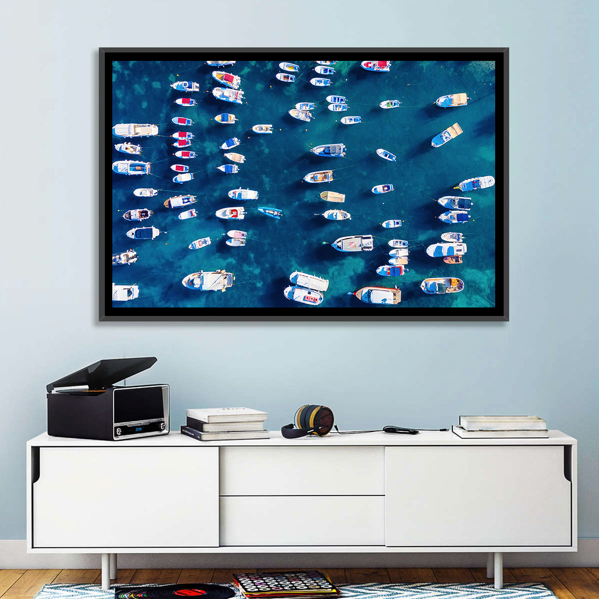 Aerial Boats Over Turquoise Sea Wall Art in a room, landscape