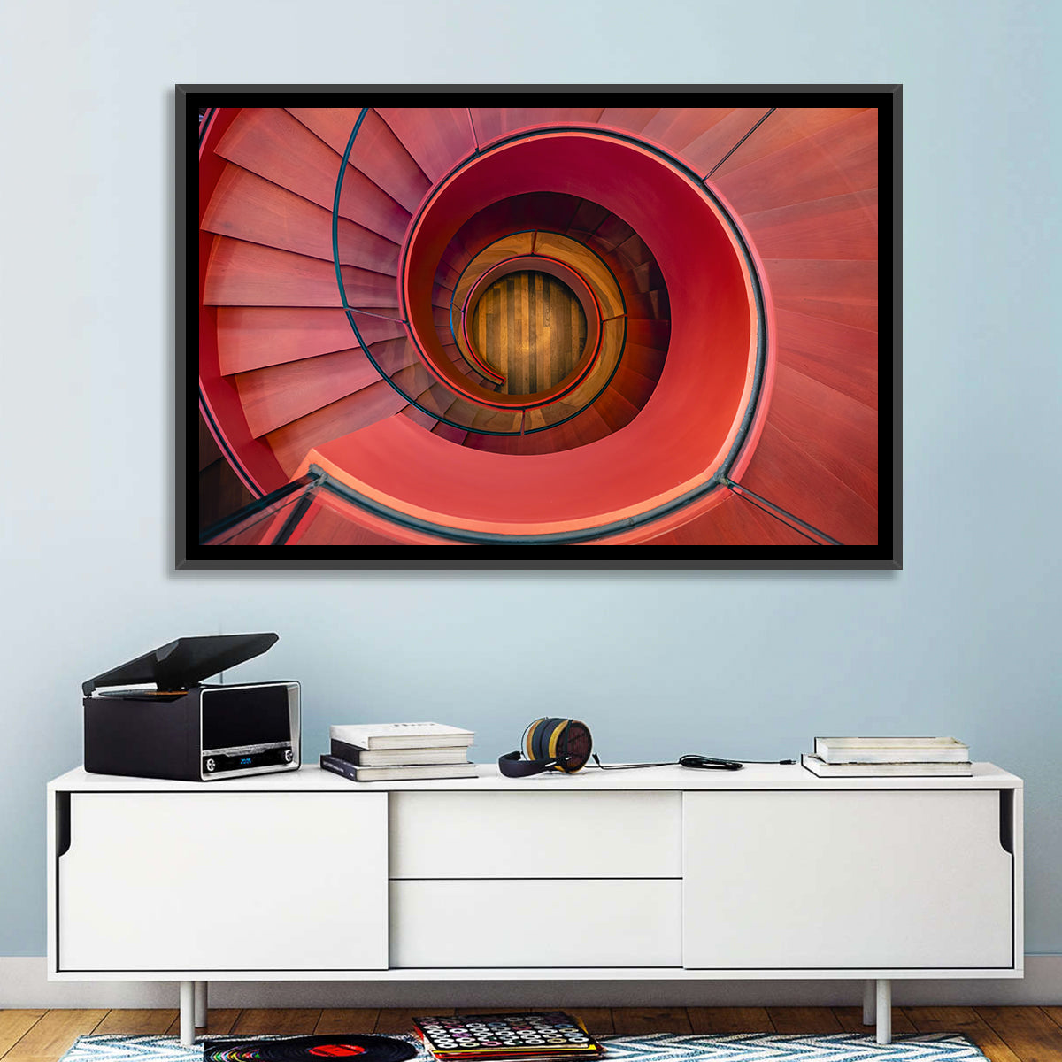 Red Spiral Staircase Wall Art in a room, landscape