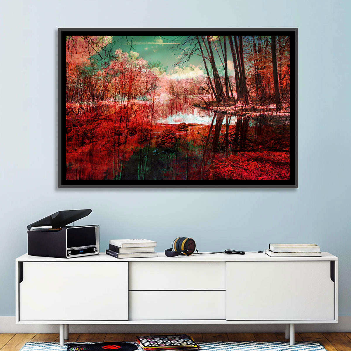 Red Forest Reflection Wall Art in a room, landscape