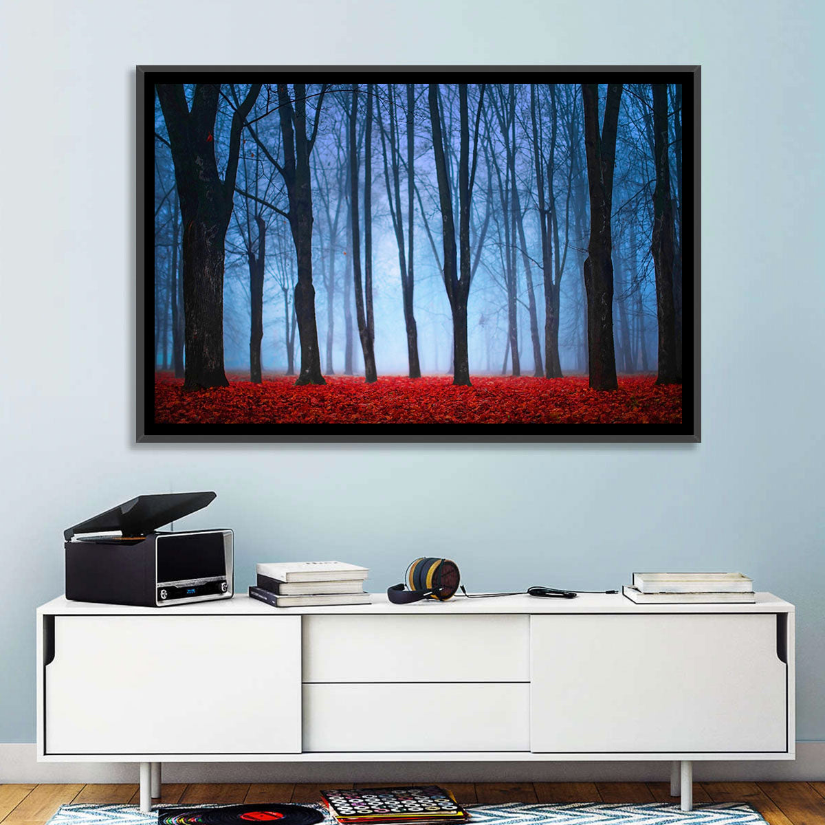 Mystical Autumn Forest Wall Art in a room, landscape