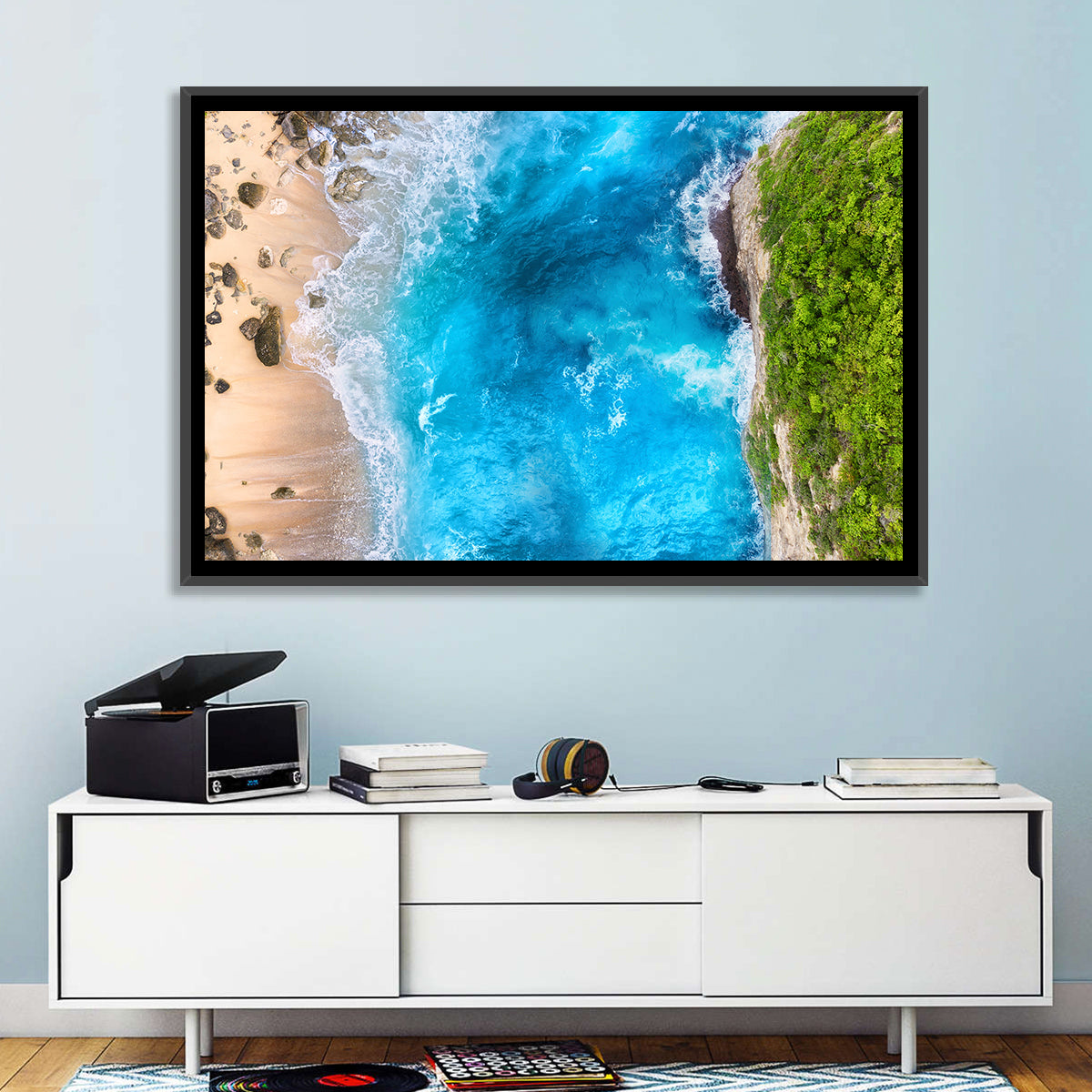Aerial Turquoise Beach Cliffs Wall Art in a room, landscape