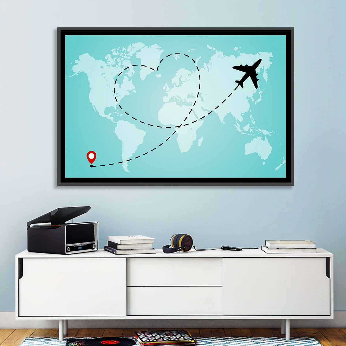 Heart Flight Map Wall Art in a room, landscape
