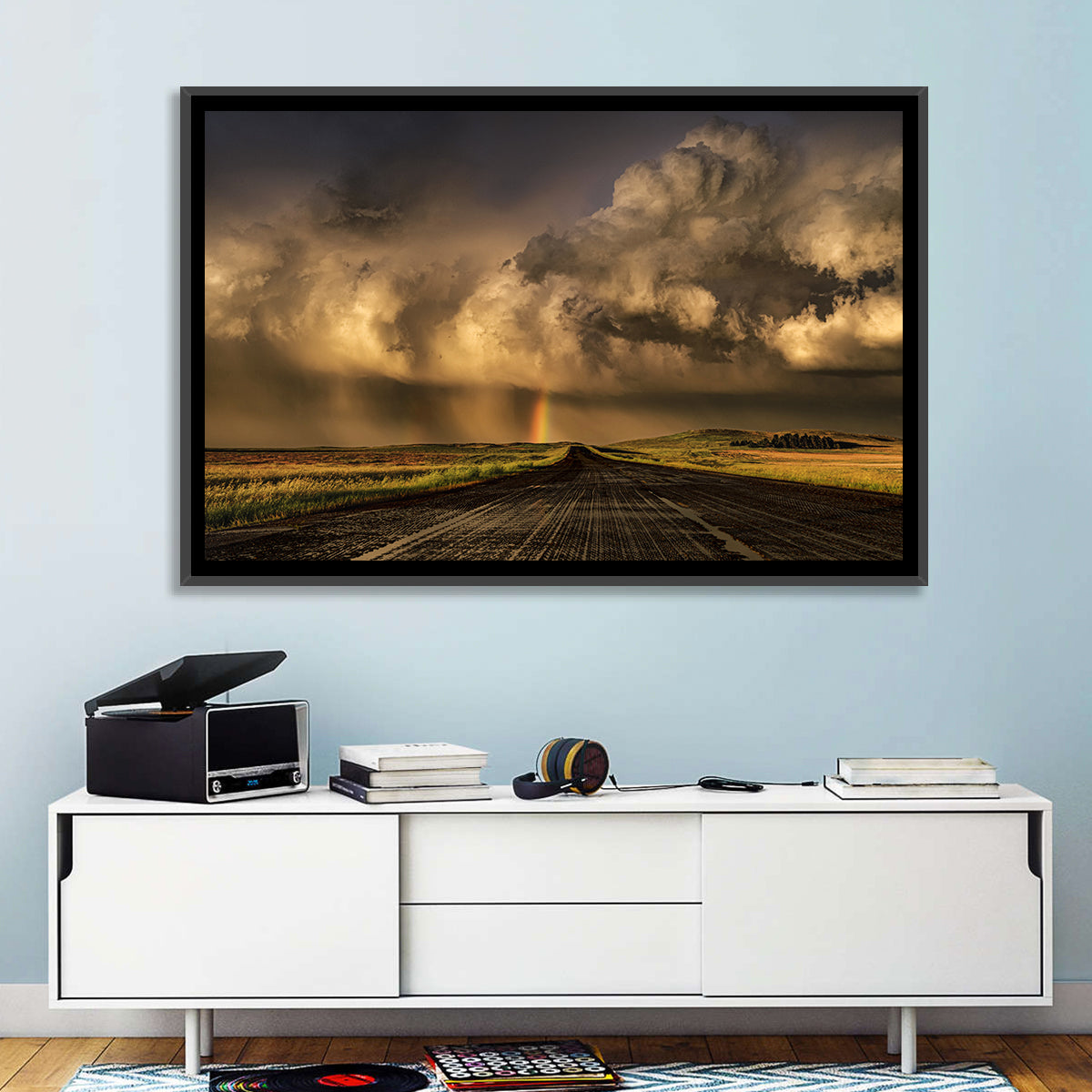Rain-soaked Road to Rainbow Wall Art in a room, landscape