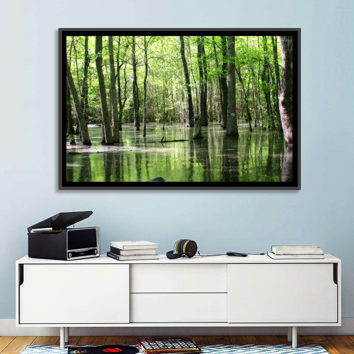 Sunlit Swamp Forest Wall Art in a room, landscape