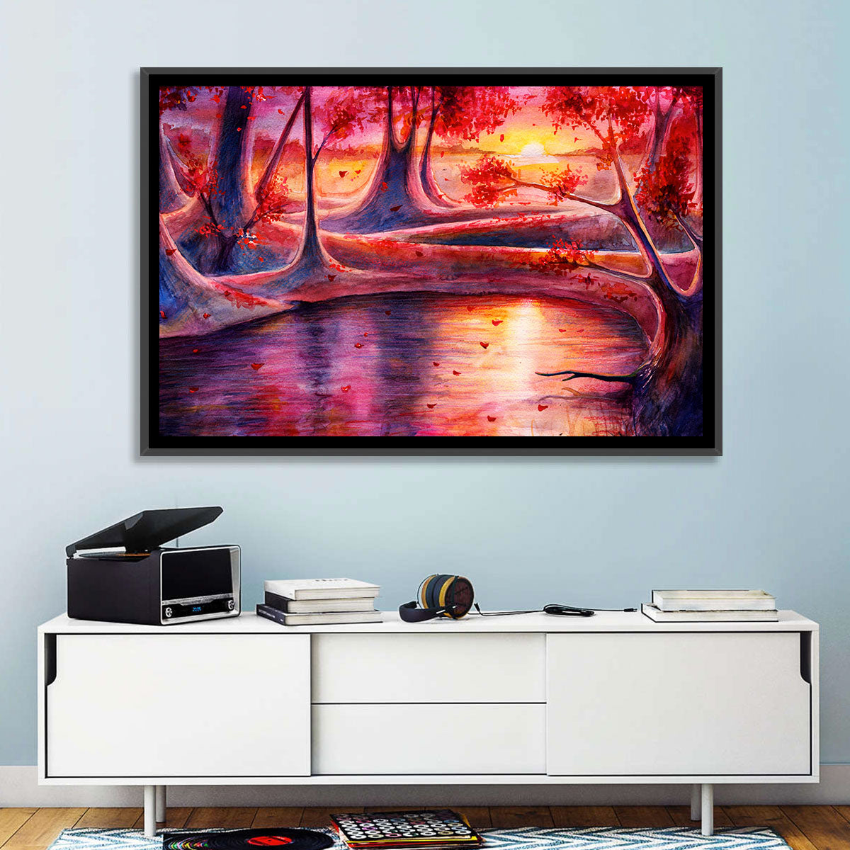 Autumn Forest Lake at Dusk Wall Art in a room, landscape