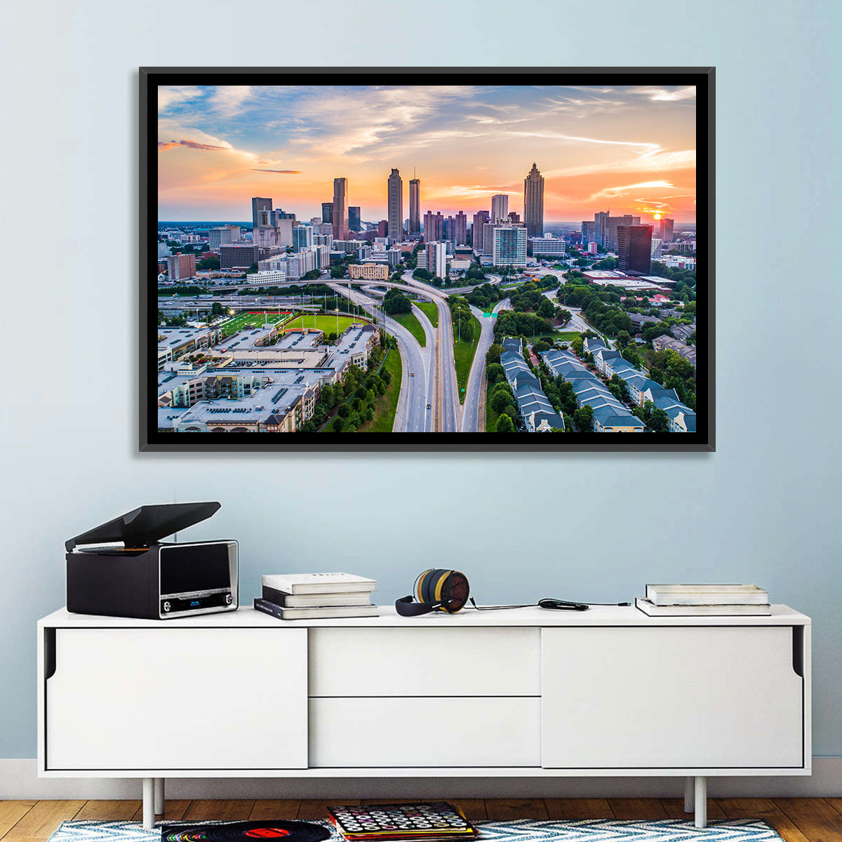 Downtown Atlanta Skyline Wall Art in a room, landscape