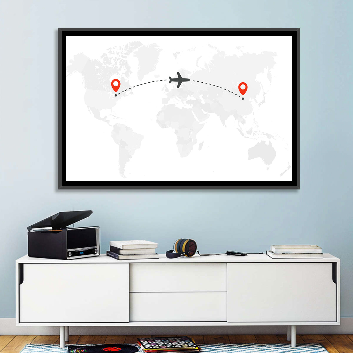 Air Travel World Map Wall Art in a room, landscape