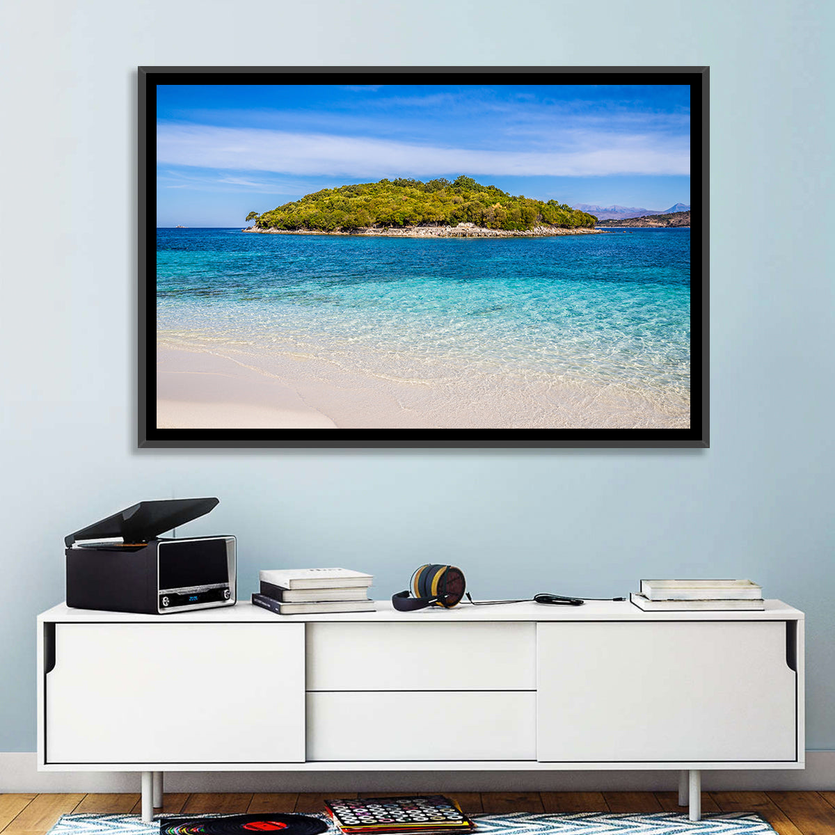 Butrint Turquoise Island Beach Wall Art in a room, landscape