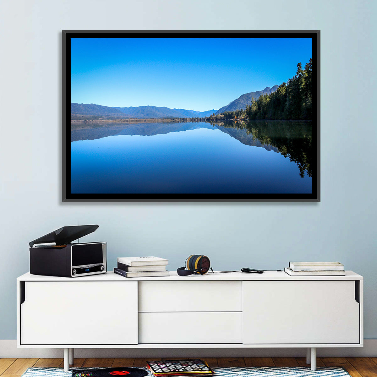 Lake Quinault Reflection Wall Art in a room, landscape