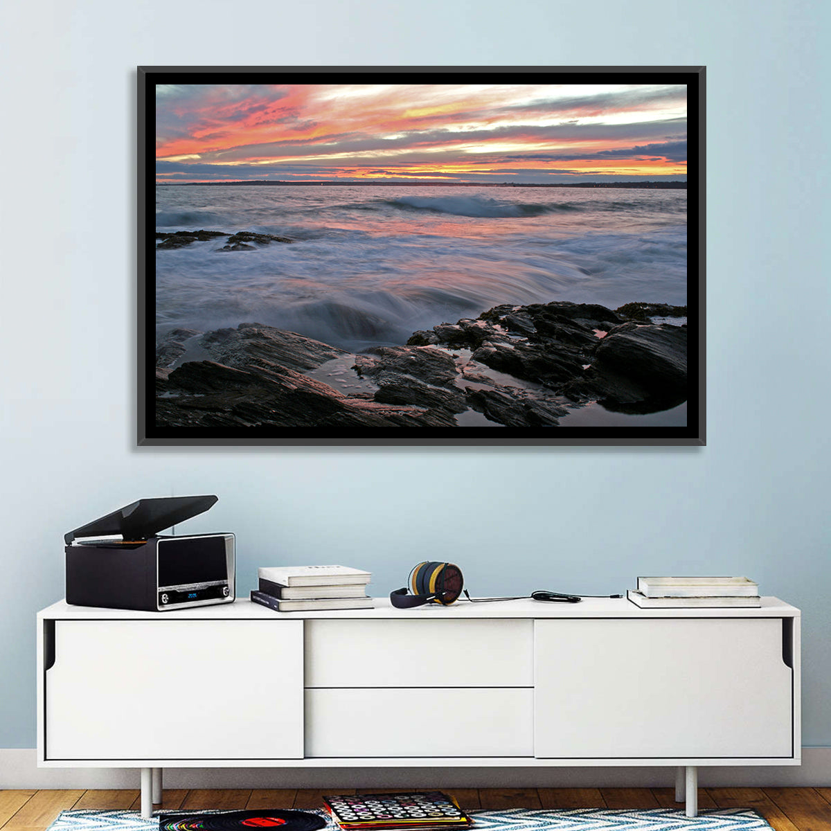 Rocky Coast Sunset Wall Art in a room, landscape