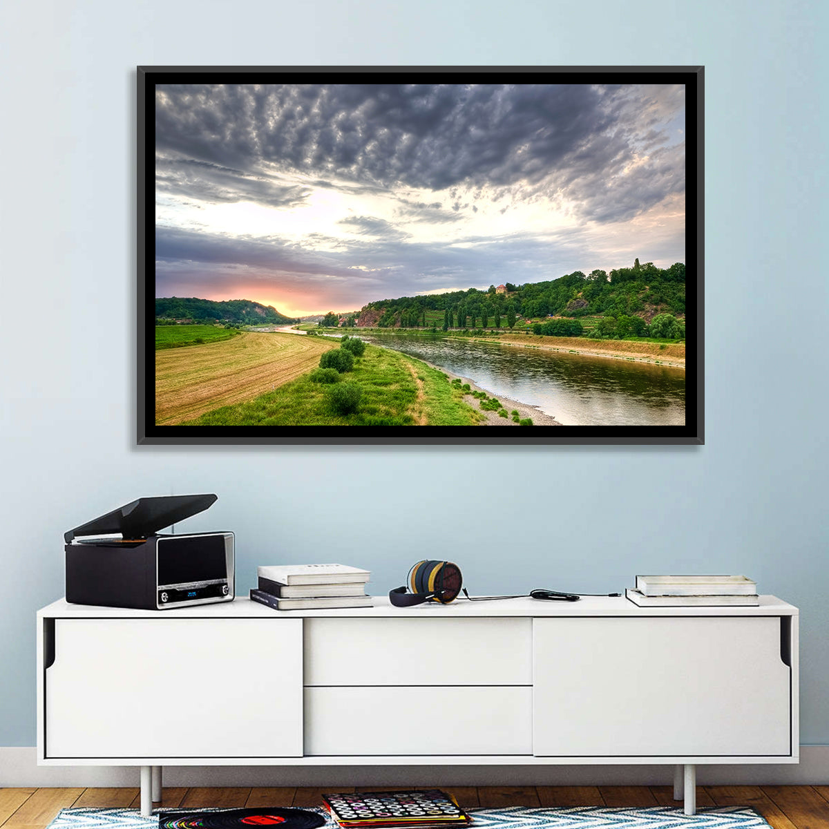 Elbe River at Golden Hour Wall Art in a room, landscape