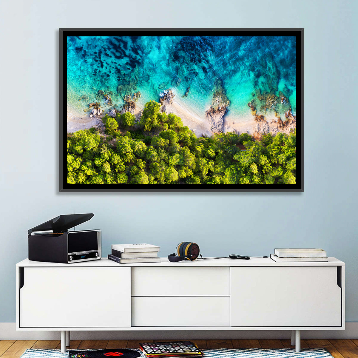 Croatian Turquoise Coastline Wall Art in a room, landscape