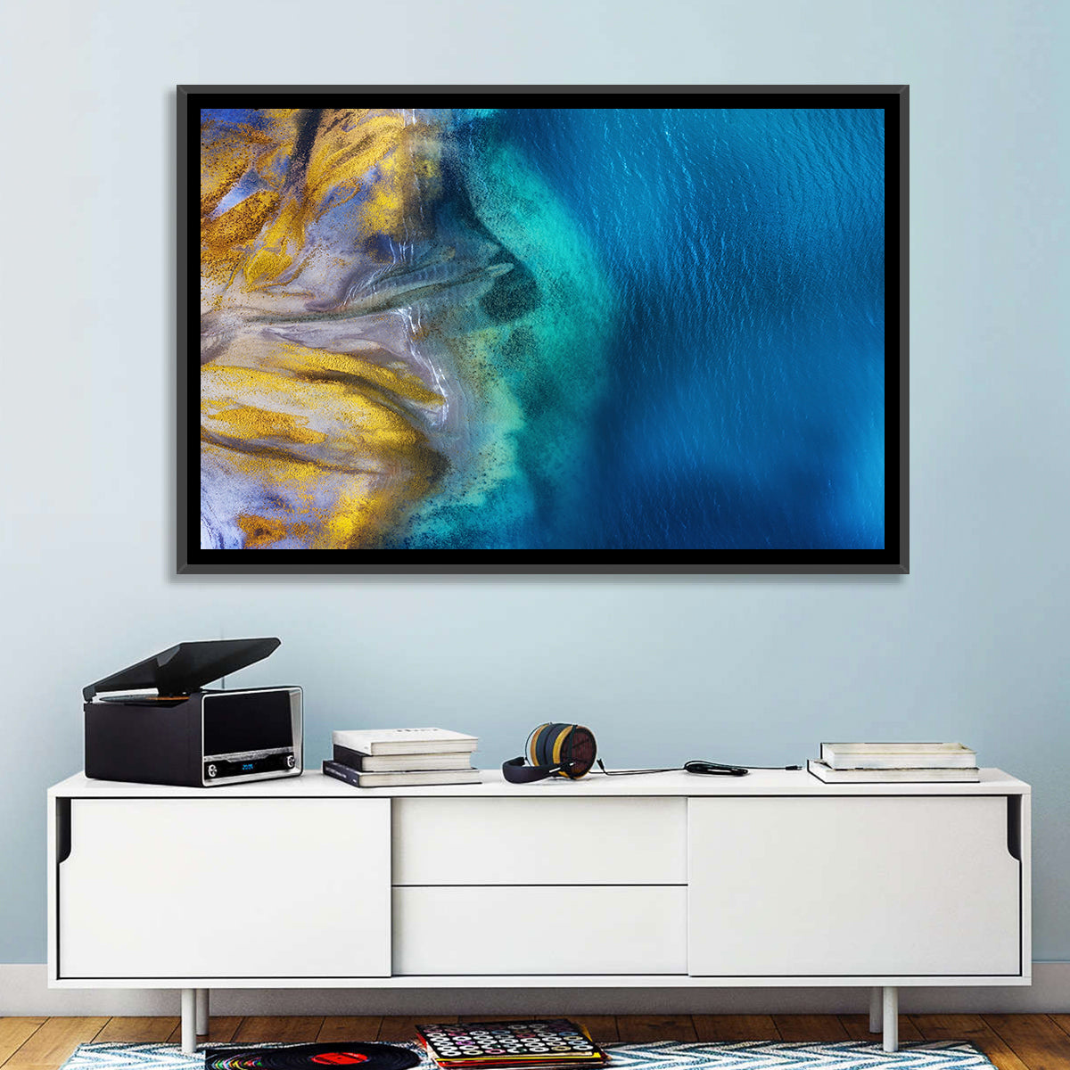 Golden Coast Abstract Wall Art in a room, landscape