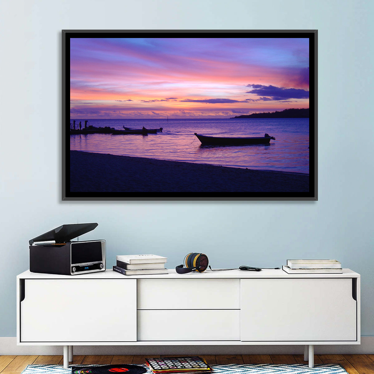 Malolo Island Sunset with Moored Boats Wall Art in a room, landscape
