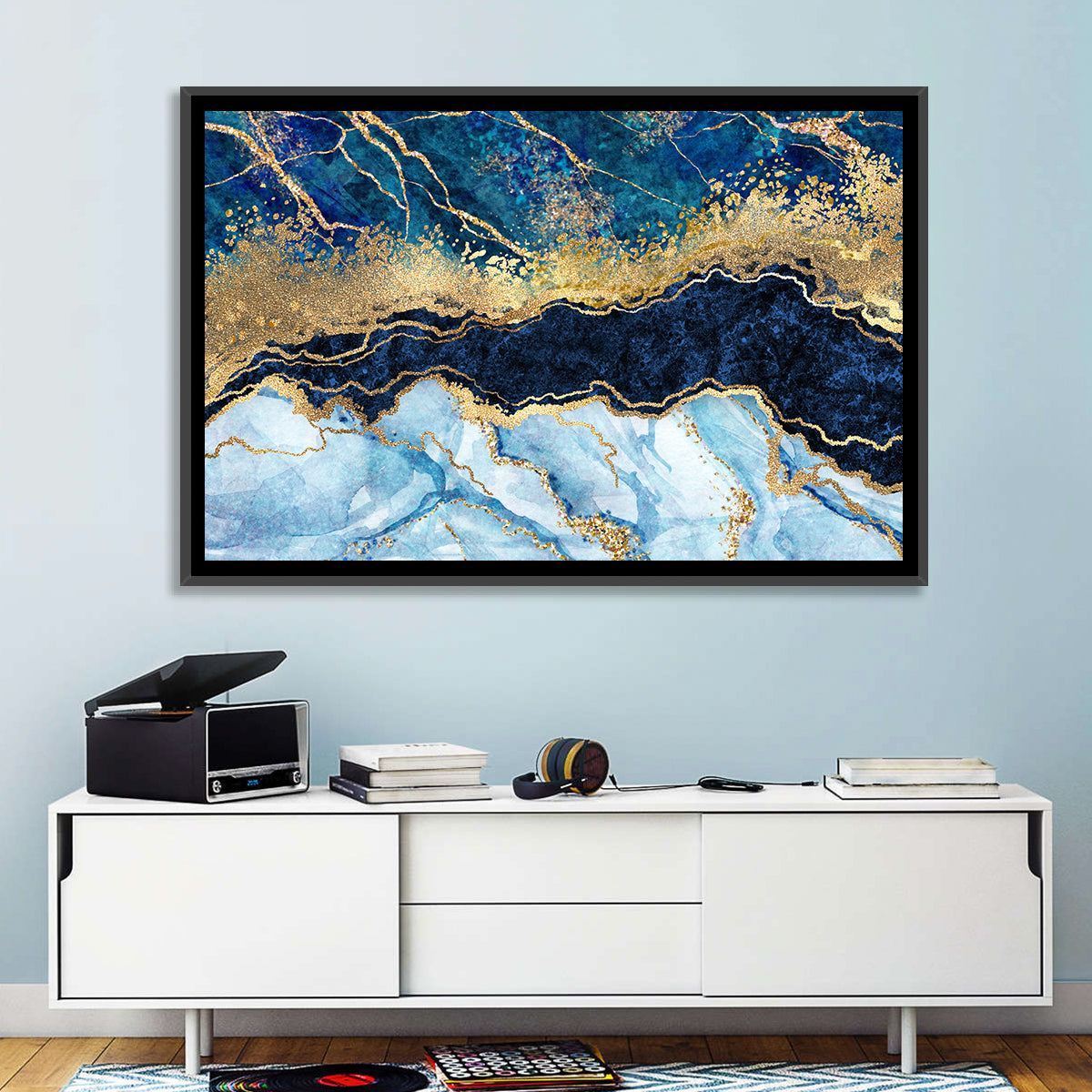 Navy Blue Marble with Gold Veins Wall Art in a room, landscape