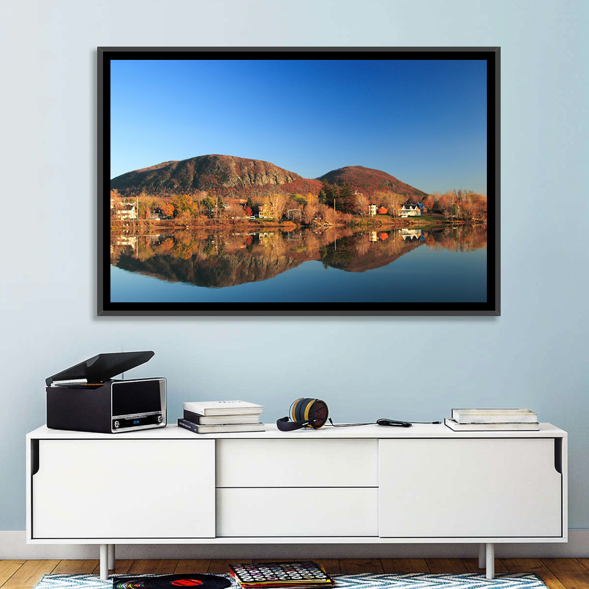 Mont Saint-hilaire Autumn Reflection Wall Art in a room, landscape