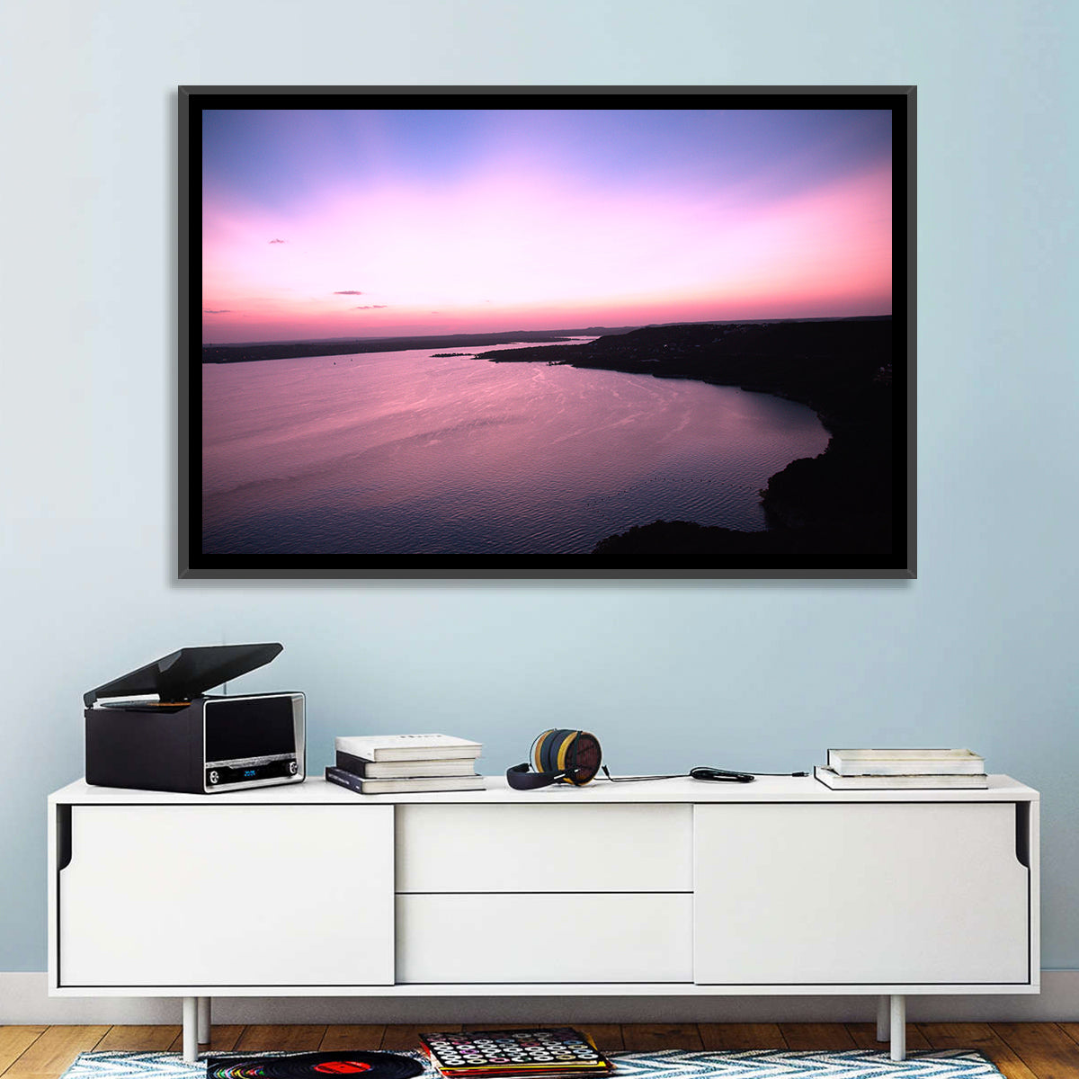 Lake Travis Purple Sunset Wall Art in a room, landscape