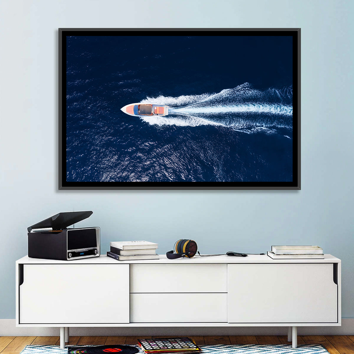 Sleek Speedboat Over Navy Sea Wall Art in a room, landscape