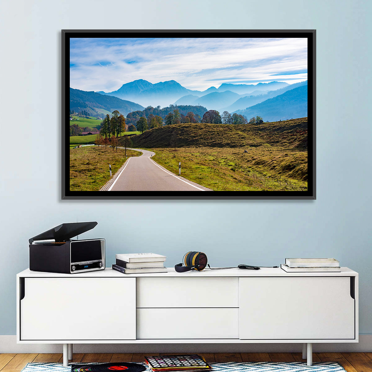 Bavarian Mountain Valley Wall Art in a room, landscape