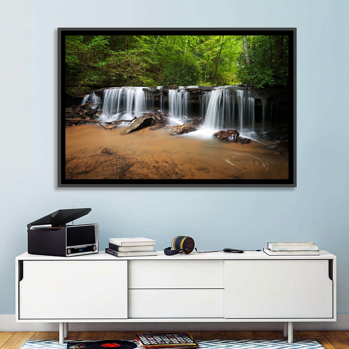 Lush Green Forest Waterfall Wall Art in a room, landscape