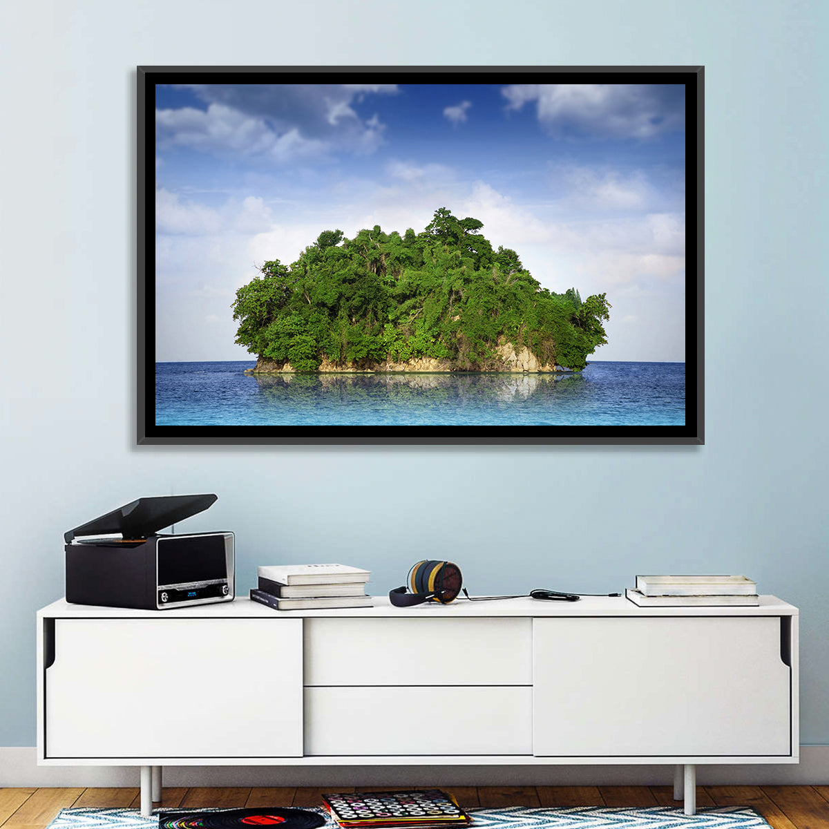 Tranquil Tropical Island Reflection Wall Art in a room, landscape