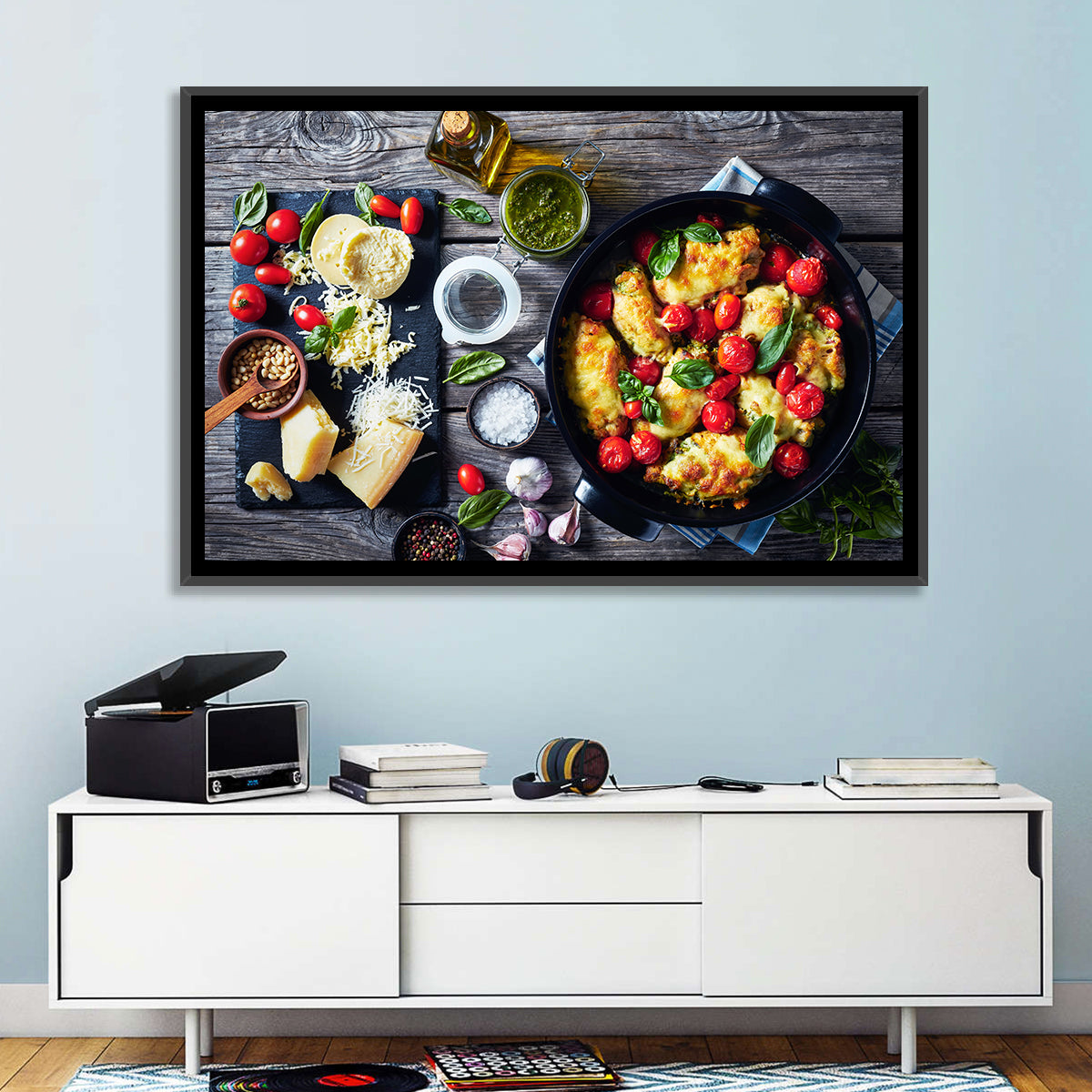 Pesto Baked Chicken Flat Lay Wall Art in a room, landscape