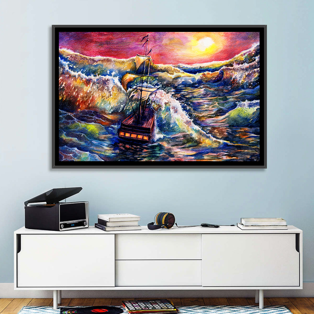 Stormy Sunset Sailing Ship Wall Art in a room, landscape