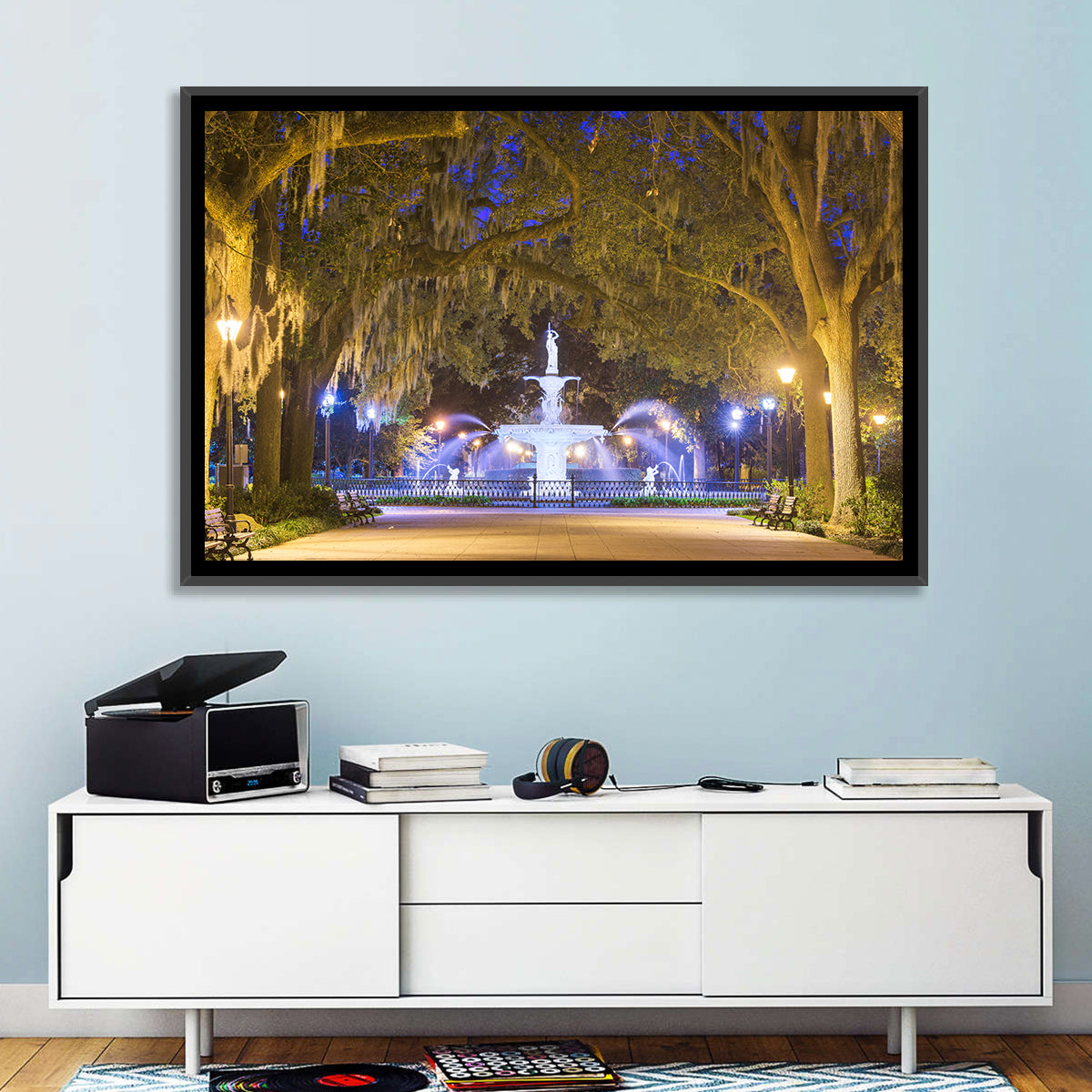 Forsyth Park Fountain at Night Wall Art in a room, landscape