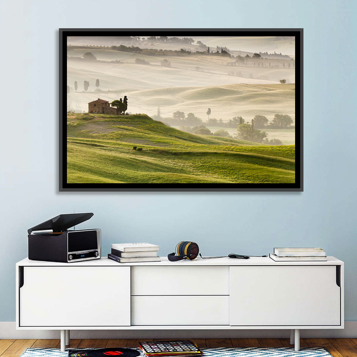 Foggy Tuscany Wall Art in a room, landscape